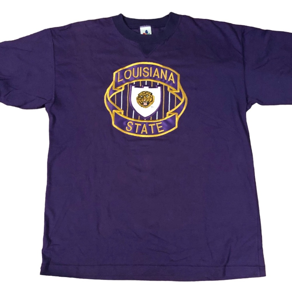 Vtg 90s LSU Embroidered Purple T Shirt Size Large Louisiana State Tiger USA Made